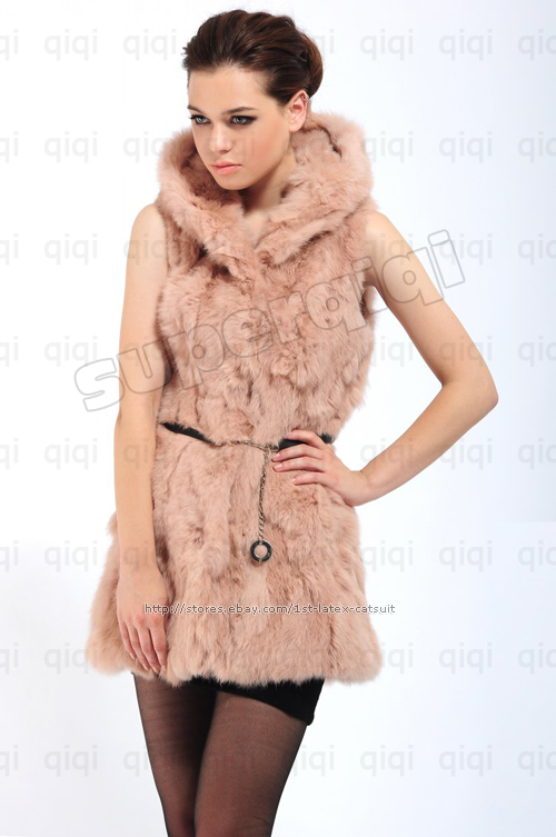 100 Real Genuine Rabbit Fur with Hood Long Vest Gilet Waistcoat Coat