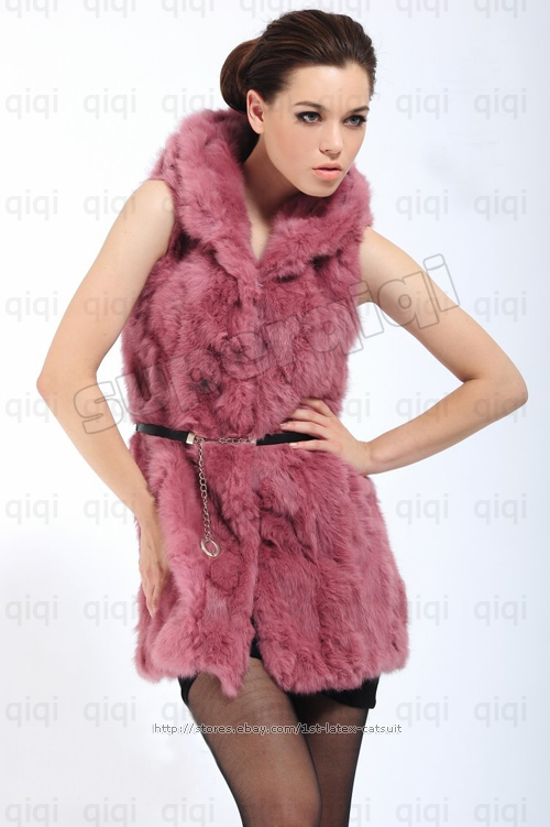 100 Real Genuine Rabbit Fur with Hood Long Vest Gilet Waistcoat Coat