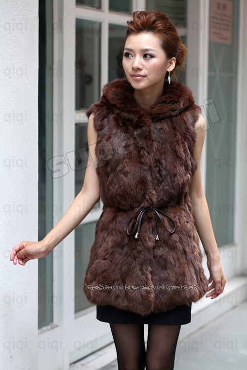 100 Real Genuine Rabbit Fur with Hood Long Vest Gilet Waistcoat Coat