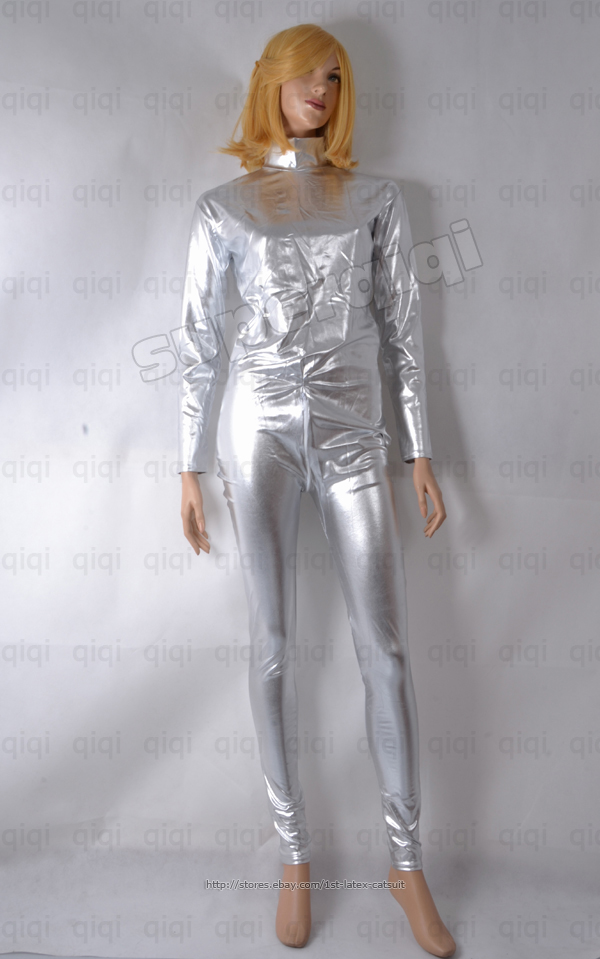 Low New Silver Metallic Shiny Lycra Catsuit Zentai Suit clothing
