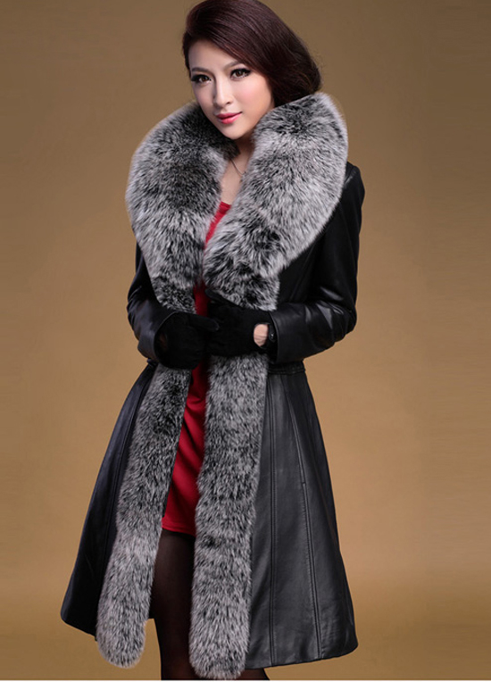 100% Real Genuine Sheep Leather Long Jacket Coat Fox Fur Collar Women ...