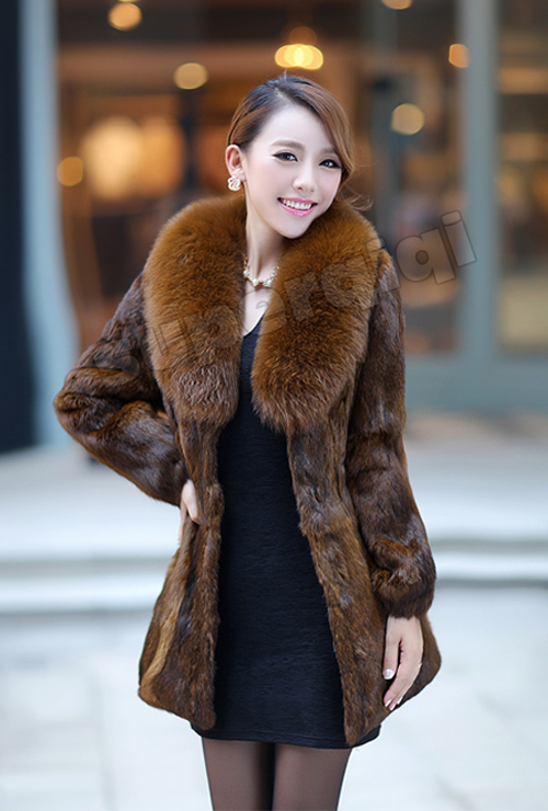 100% Real Genuine Rabbit Fur Coat Fox Fur Collar Outwear Garment ...